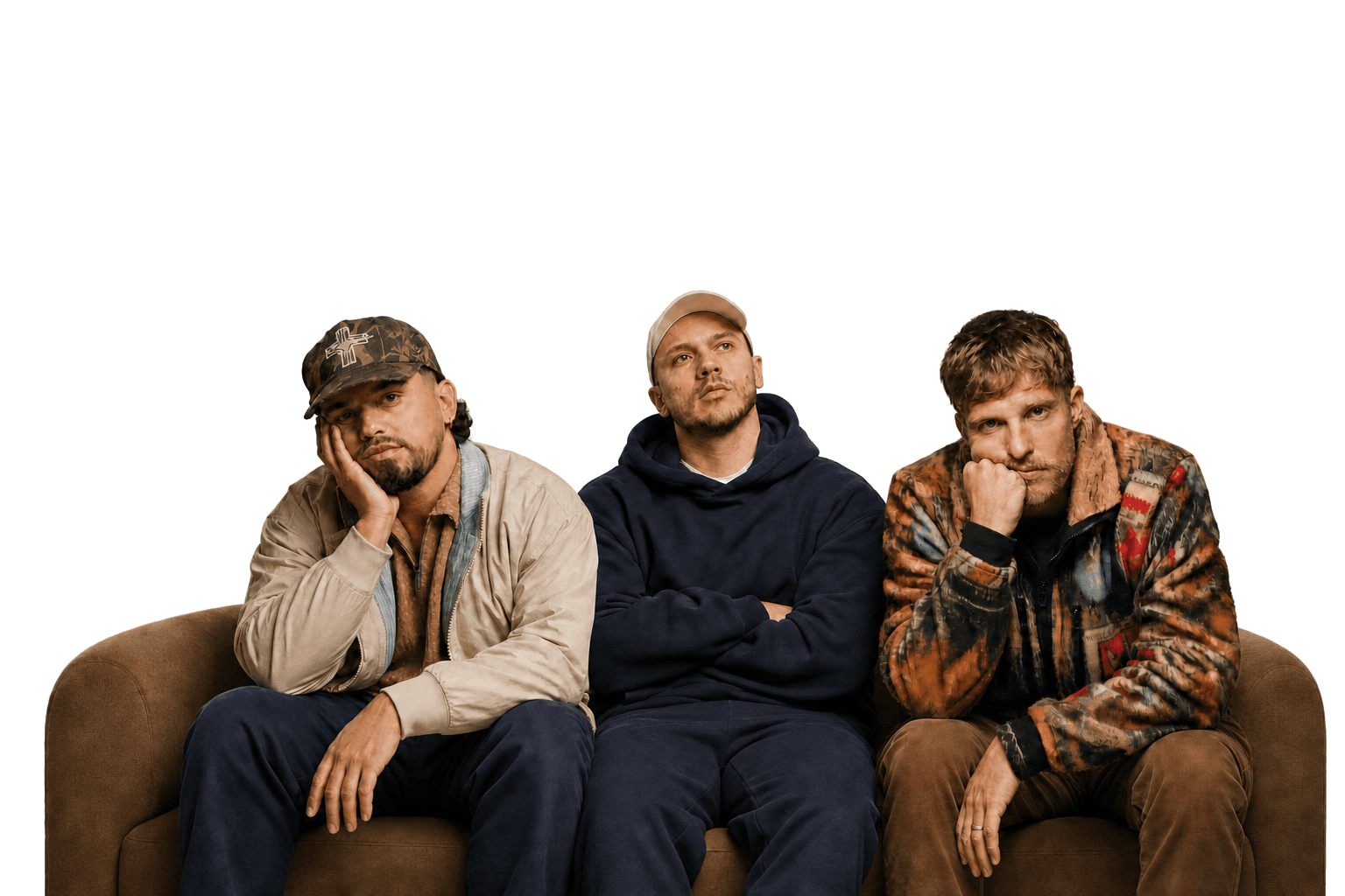Alex, Oren, and Colin from Cut30 sitting together and looking bored