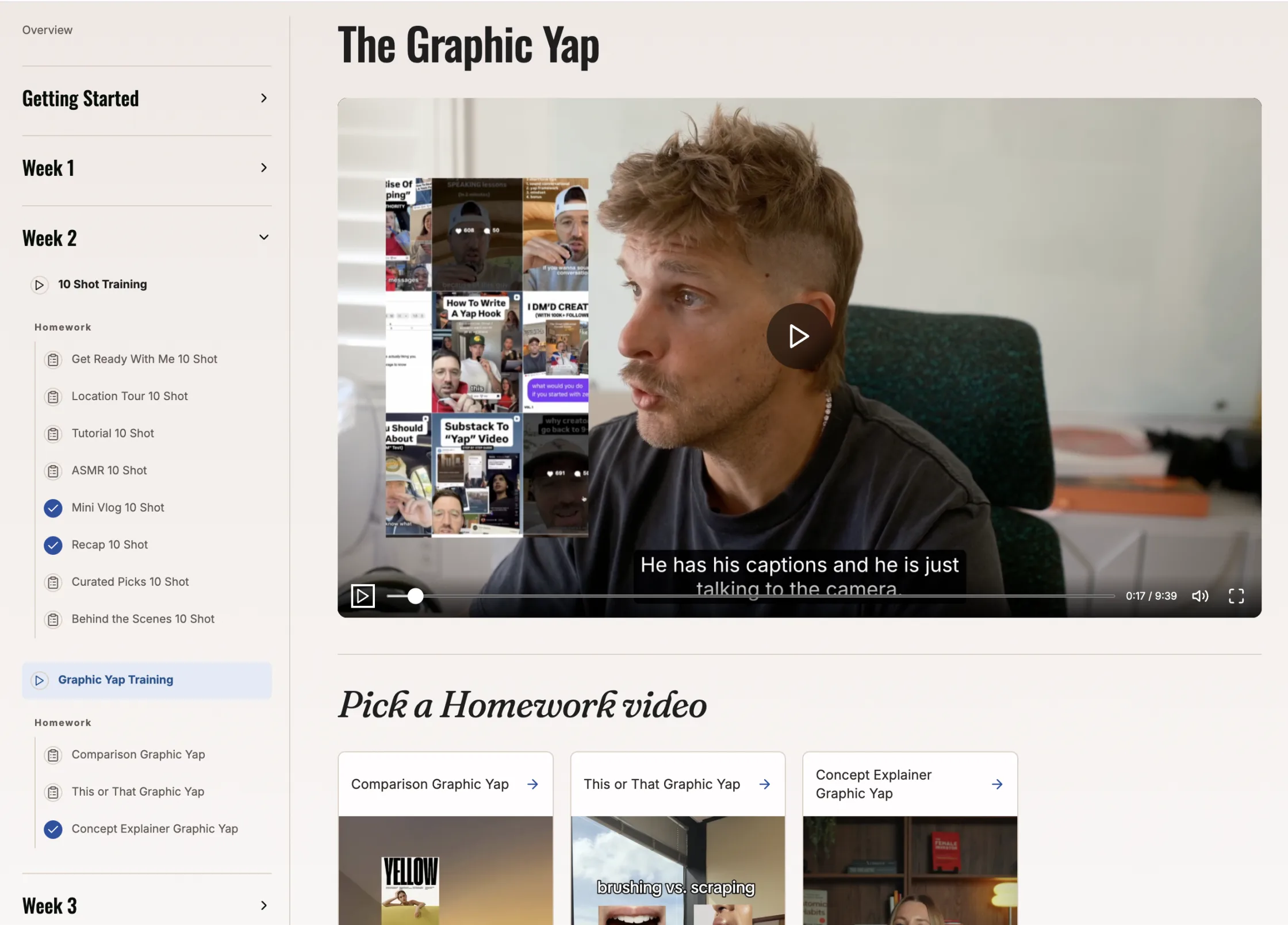 A Cut30 lesson page: the Graphic Yap training video beside the week-by-week course menu.
