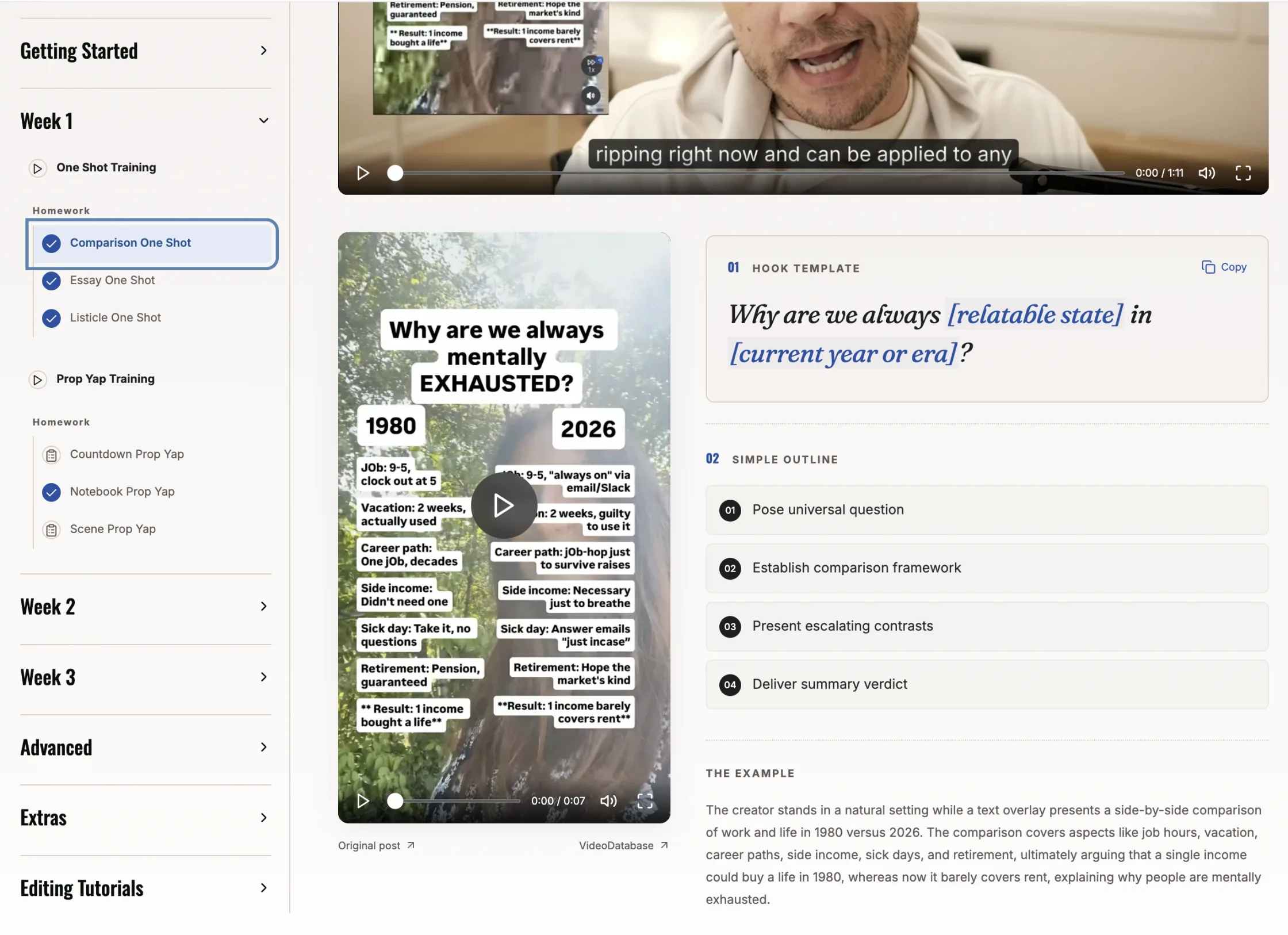 A Cut30 homework assignment: the example video, a fill-in hook template, and a four-step outline.