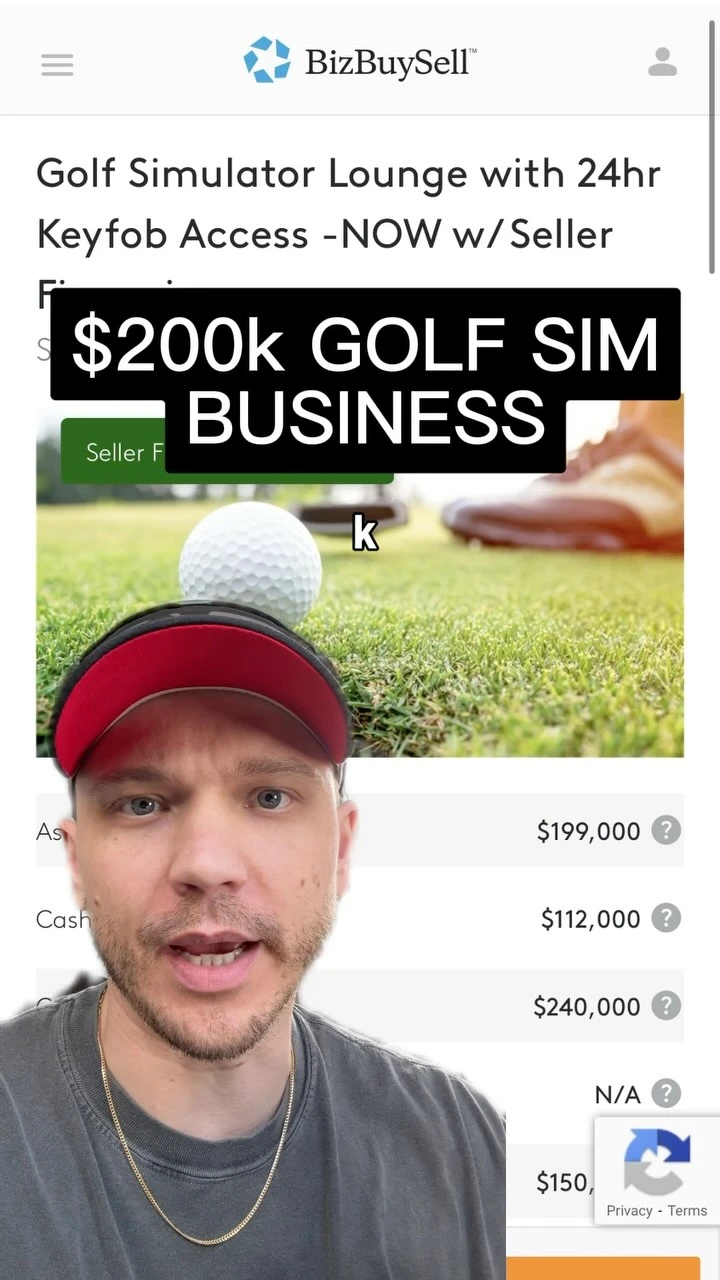 A greenscreen breakdown of a golf simulator business listing priced around $200,000