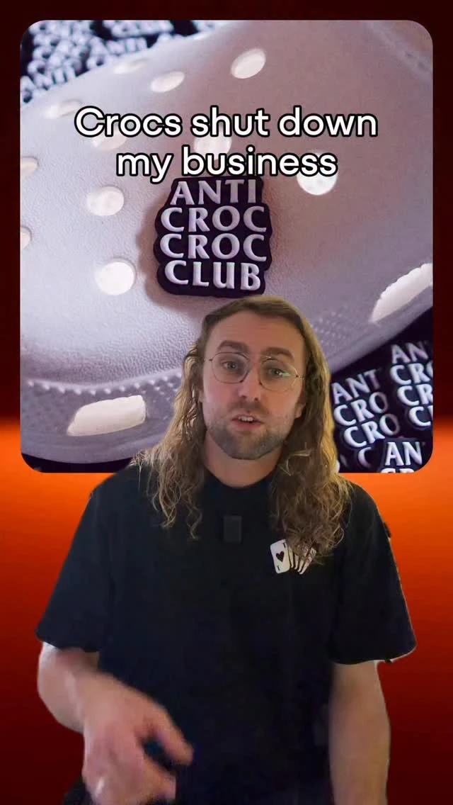A founder in front of a product image beneath the title Crocs shut down my business